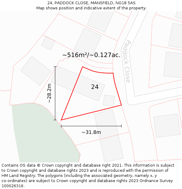 24, PADDOCK CLOSE, MANSFIELD, NG18 5AS: Plot and title map