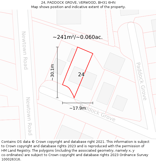 24, PADDOCK GROVE, VERWOOD, BH31 6HN: Plot and title map