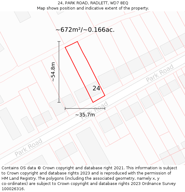 24, PARK ROAD, RADLETT, WD7 8EQ: Plot and title map