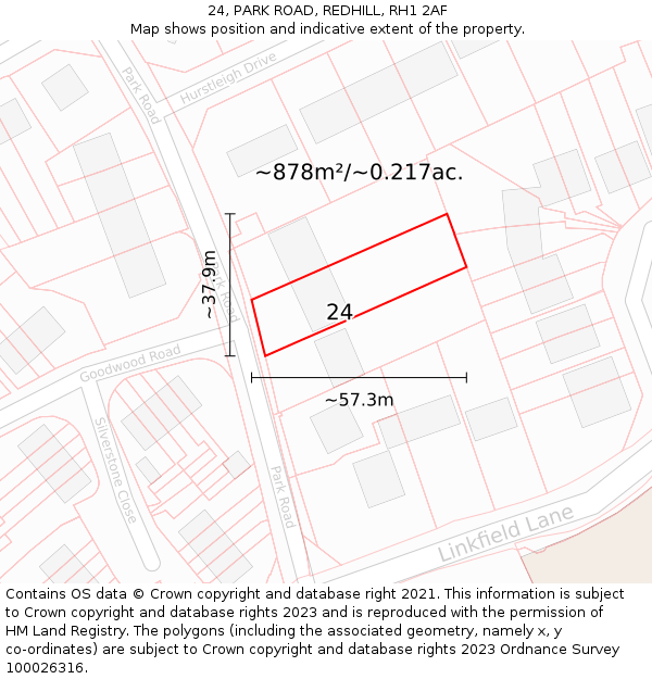 24, PARK ROAD, REDHILL, RH1 2AF: Plot and title map