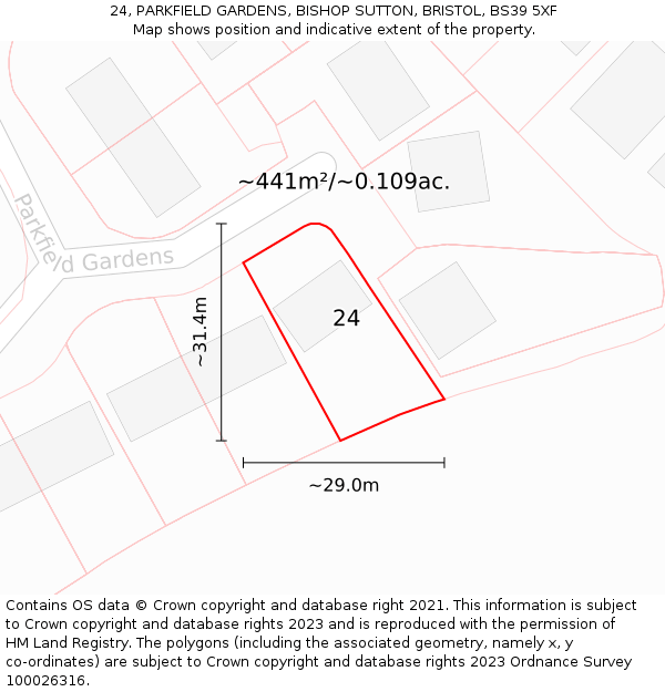 24, PARKFIELD GARDENS, BISHOP SUTTON, BRISTOL, BS39 5XF: Plot and title map