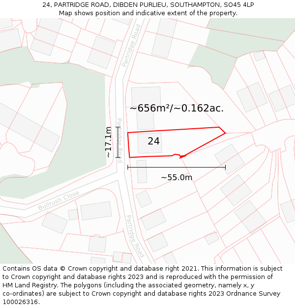 24, PARTRIDGE ROAD, DIBDEN PURLIEU, SOUTHAMPTON, SO45 4LP: Plot and title map