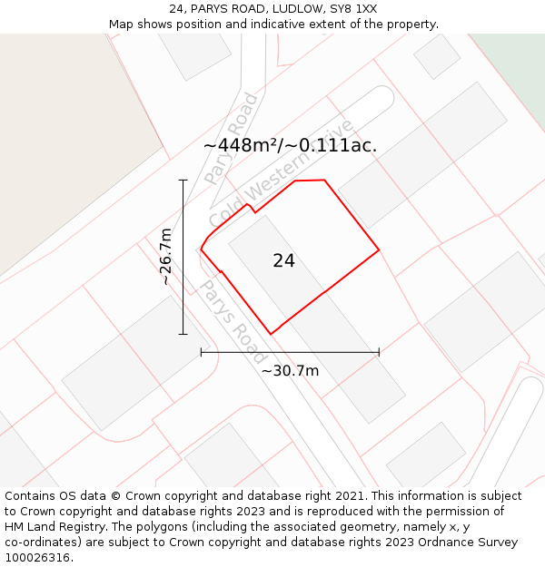 24, PARYS ROAD, LUDLOW, SY8 1XX: Plot and title map