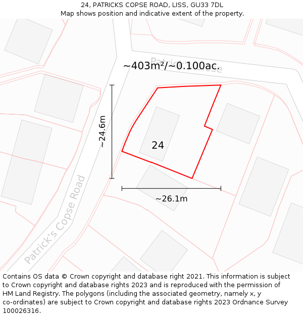 24, PATRICKS COPSE ROAD, LISS, GU33 7DL: Plot and title map