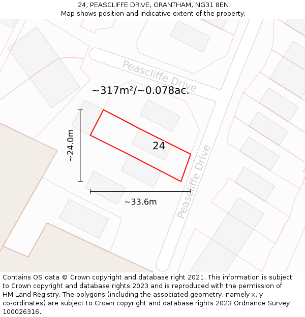 24, PEASCLIFFE DRIVE, GRANTHAM, NG31 8EN: Plot and title map