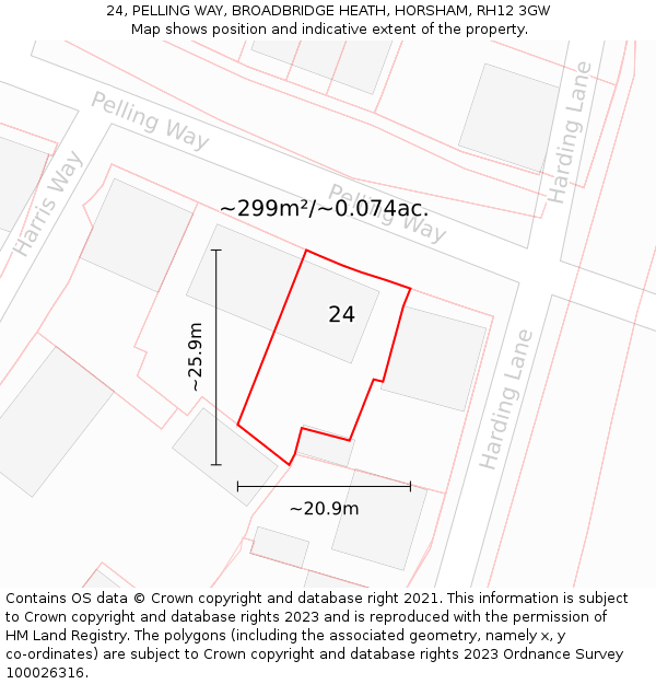 24, PELLING WAY, BROADBRIDGE HEATH, HORSHAM, RH12 3GW: Plot and title map