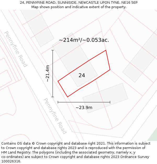 24, PENNYFINE ROAD, SUNNISIDE, NEWCASTLE UPON TYNE, NE16 5EP: Plot and title map