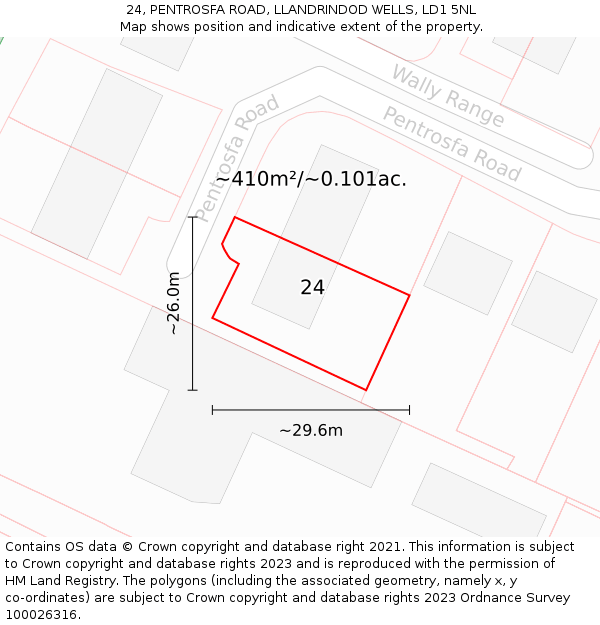 24, PENTROSFA ROAD, LLANDRINDOD WELLS, LD1 5NL: Plot and title map