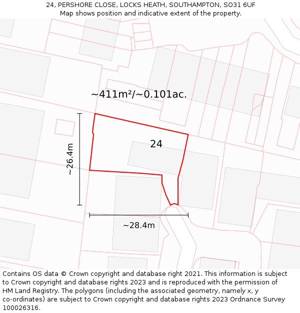 24, PERSHORE CLOSE, LOCKS HEATH, SOUTHAMPTON, SO31 6UF: Plot and title map