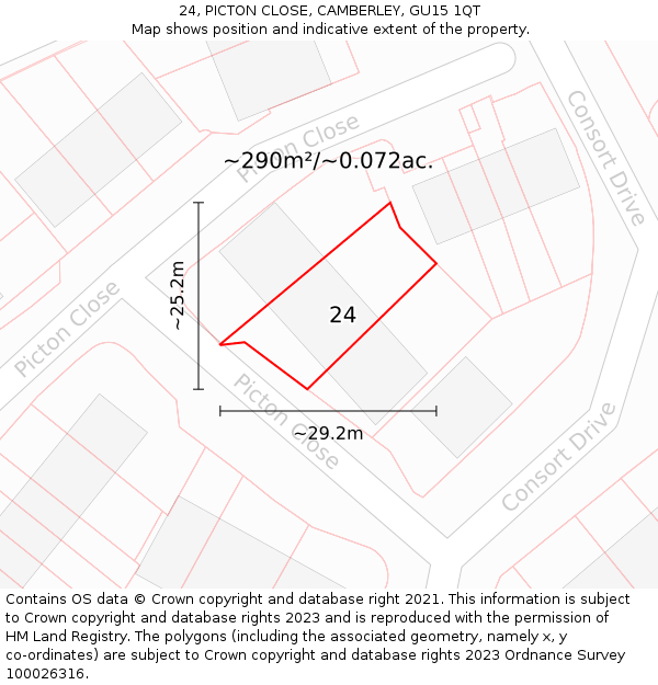 24, PICTON CLOSE, CAMBERLEY, GU15 1QT: Plot and title map