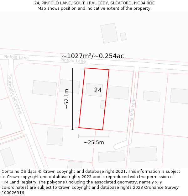 24, PINFOLD LANE, SOUTH RAUCEBY, SLEAFORD, NG34 8QE: Plot and title map