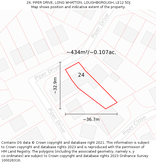 24, PIPER DRIVE, LONG WHATTON, LOUGHBOROUGH, LE12 5DJ: Plot and title map