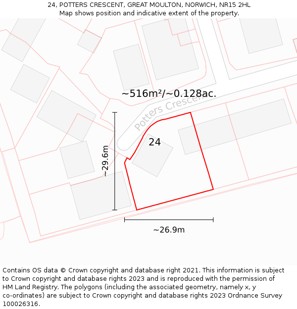 24, POTTERS CRESCENT, GREAT MOULTON, NORWICH, NR15 2HL: Plot and title map