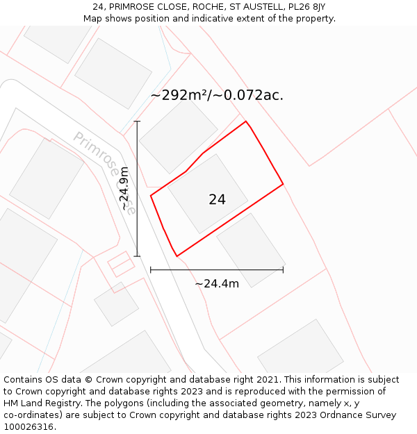 24, PRIMROSE CLOSE, ROCHE, ST AUSTELL, PL26 8JY: Plot and title map