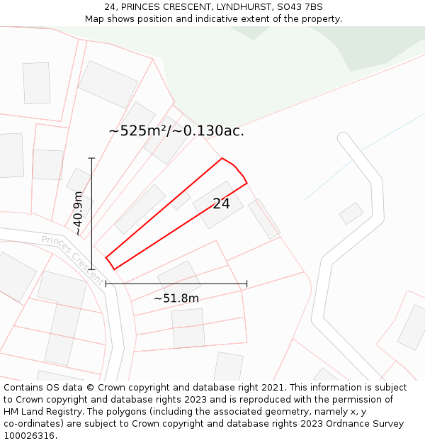 24, PRINCES CRESCENT, LYNDHURST, SO43 7BS: Plot and title map