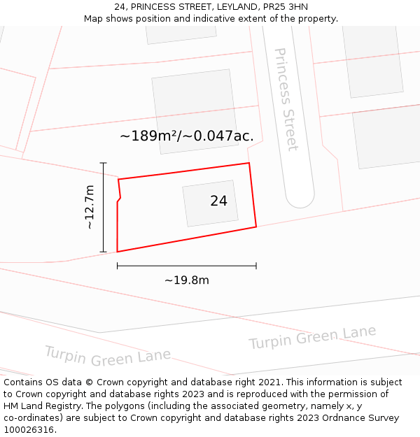 24, PRINCESS STREET, LEYLAND, PR25 3HN: Plot and title map