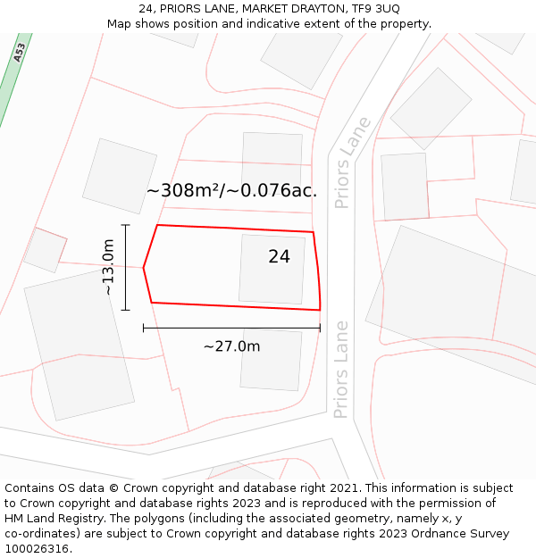 24, PRIORS LANE, MARKET DRAYTON, TF9 3UQ: Plot and title map