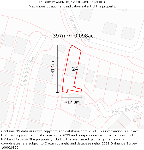 24, PRIORY AVENUE, NORTHWICH, CW9 8UA: Plot and title map