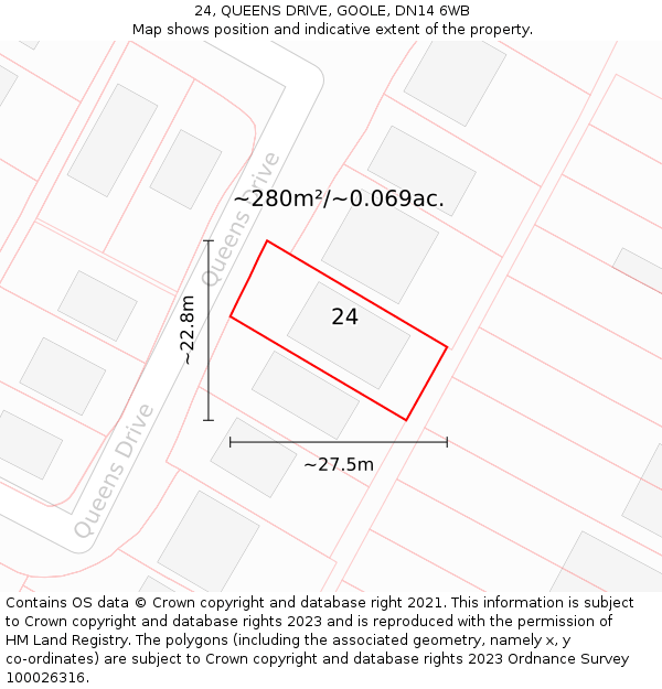 24, QUEENS DRIVE, GOOLE, DN14 6WB: Plot and title map