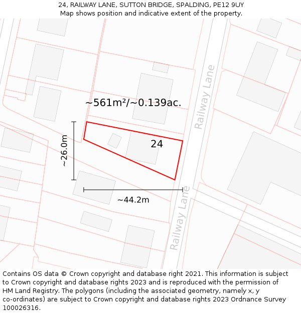 24, RAILWAY LANE, SUTTON BRIDGE, SPALDING, PE12 9UY: Plot and title map