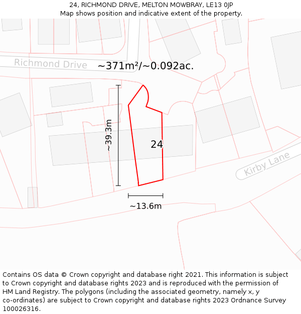 24, RICHMOND DRIVE, MELTON MOWBRAY, LE13 0JP: Plot and title map