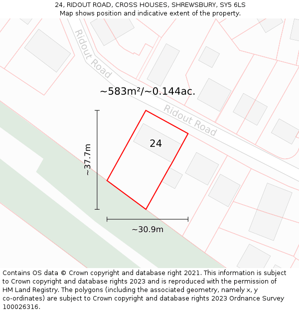 24, RIDOUT ROAD, CROSS HOUSES, SHREWSBURY, SY5 6LS: Plot and title map