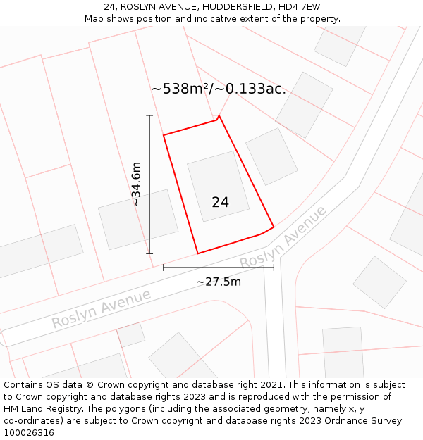 24, ROSLYN AVENUE, HUDDERSFIELD, HD4 7EW: Plot and title map