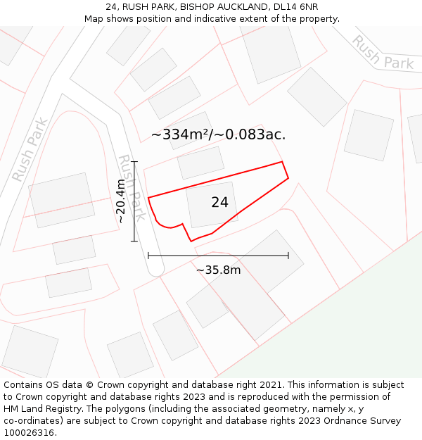 24, RUSH PARK, BISHOP AUCKLAND, DL14 6NR: Plot and title map