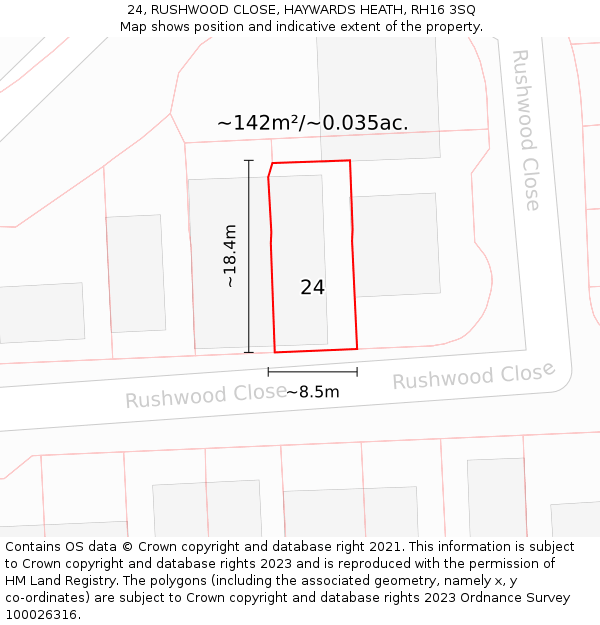 24, RUSHWOOD CLOSE, HAYWARDS HEATH, RH16 3SQ: Plot and title map