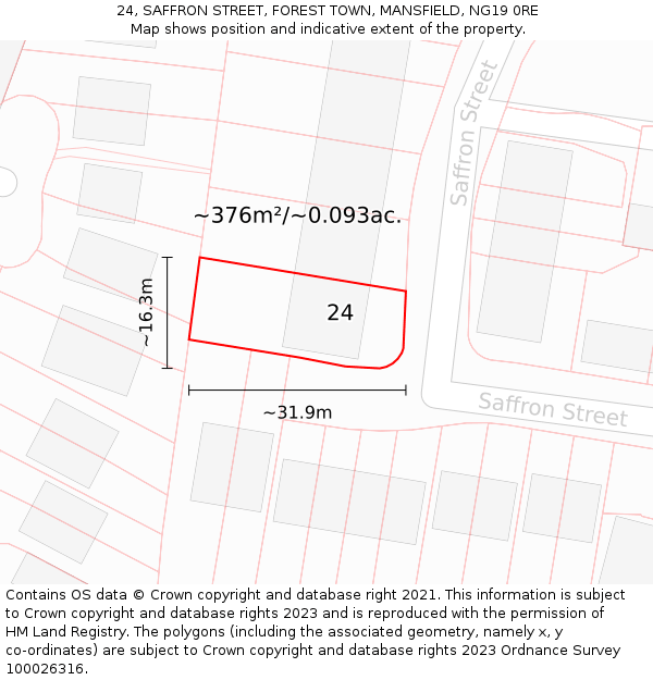 24, SAFFRON STREET, FOREST TOWN, MANSFIELD, NG19 0RE: Plot and title map