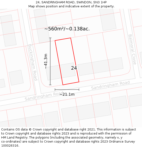 24, SANDRINGHAM ROAD, SWINDON, SN3 1HP: Plot and title map