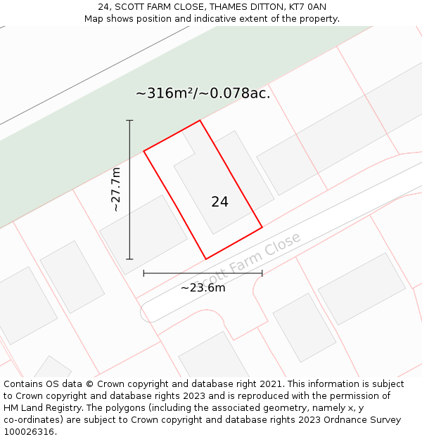 24, SCOTT FARM CLOSE, THAMES DITTON, KT7 0AN: Plot and title map