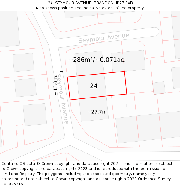 24, SEYMOUR AVENUE, BRANDON, IP27 0XB: Plot and title map