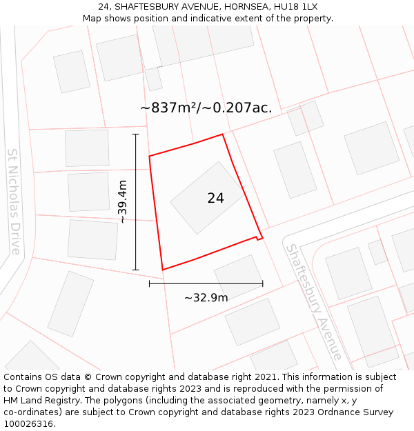 24, SHAFTESBURY AVENUE, HORNSEA, HU18 1LX: Plot and title map