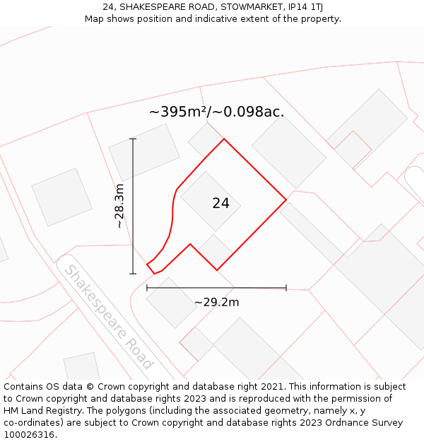 24, SHAKESPEARE ROAD, STOWMARKET, IP14 1TJ: Plot and title map