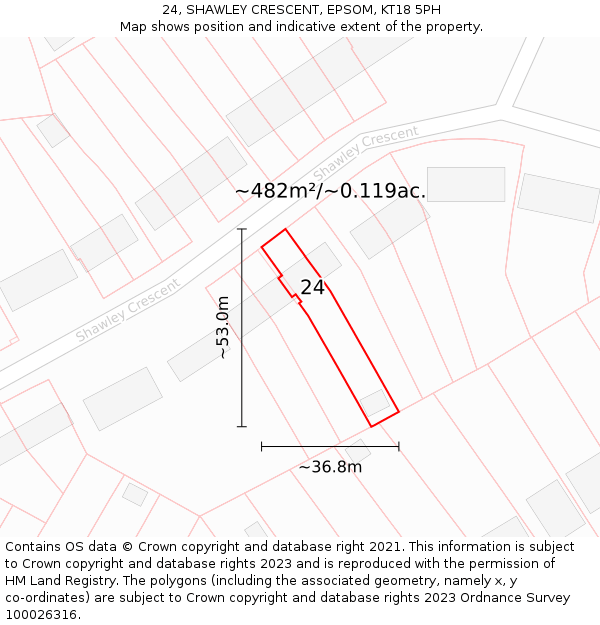 24, SHAWLEY CRESCENT, EPSOM, KT18 5PH: Plot and title map