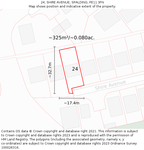 24, SHIRE AVENUE, SPALDING, PE11 3FN: Plot and title map