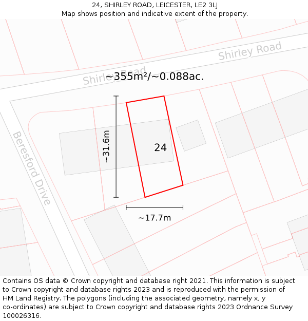 24, SHIRLEY ROAD, LEICESTER, LE2 3LJ: Plot and title map