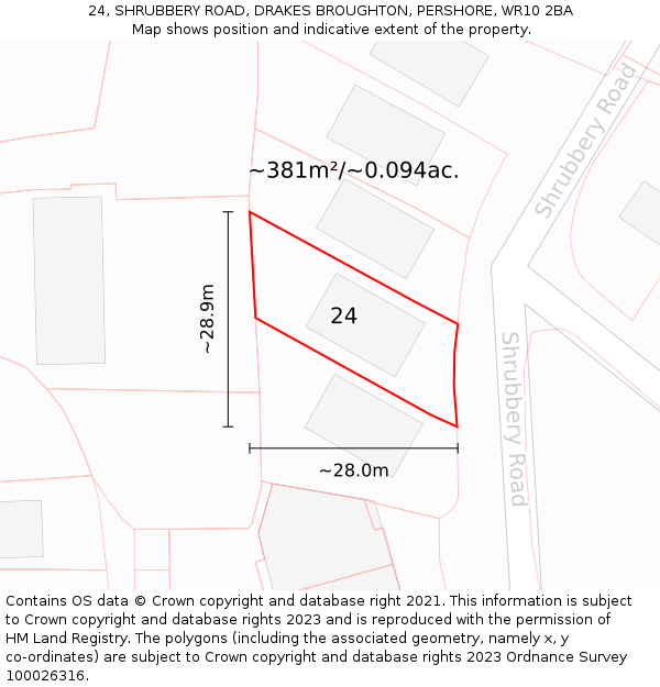 24, SHRUBBERY ROAD, DRAKES BROUGHTON, PERSHORE, WR10 2BA: Plot and title map