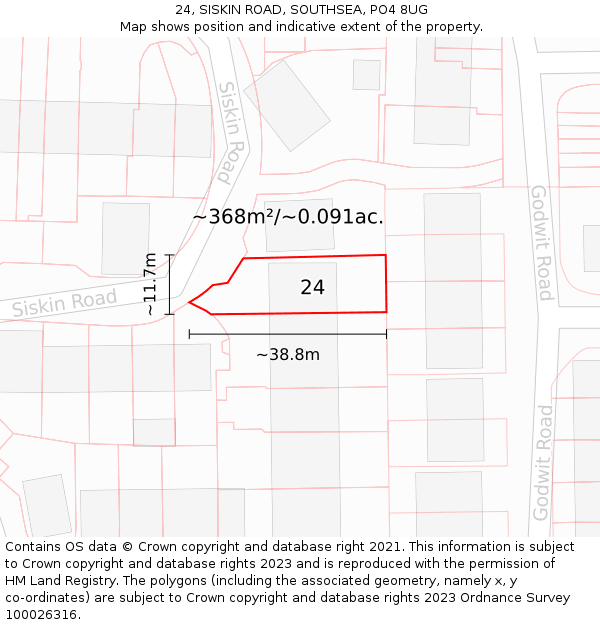 24, SISKIN ROAD, SOUTHSEA, PO4 8UG: Plot and title map