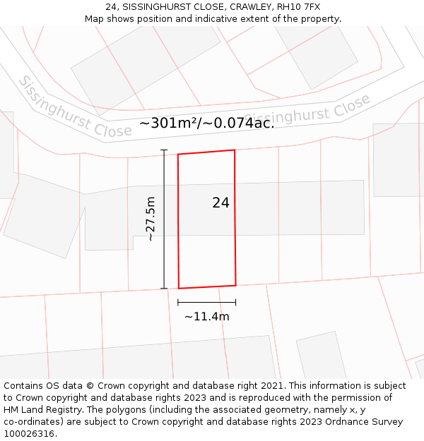 24, SISSINGHURST CLOSE, CRAWLEY, RH10 7FX: Plot and title map