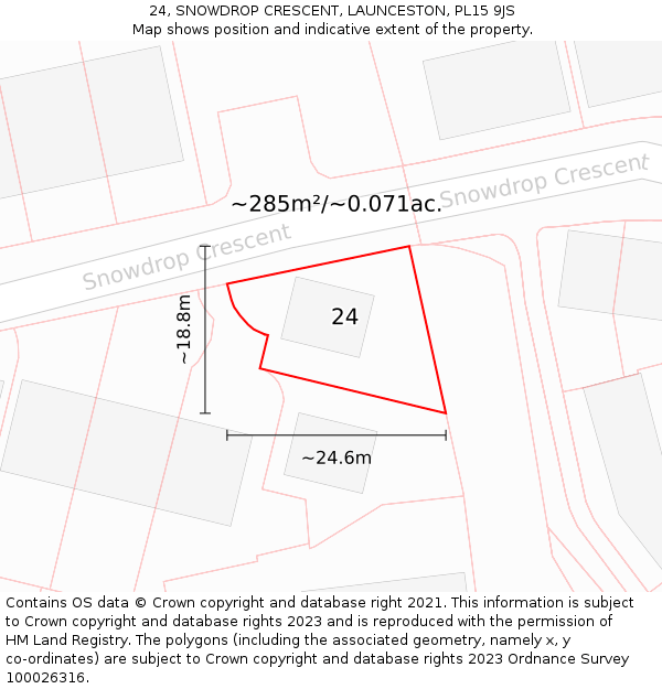 24, SNOWDROP CRESCENT, LAUNCESTON, PL15 9JS: Plot and title map