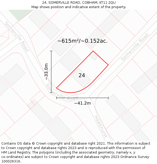 24, SOMERVILLE ROAD, COBHAM, KT11 2QU: Plot and title map