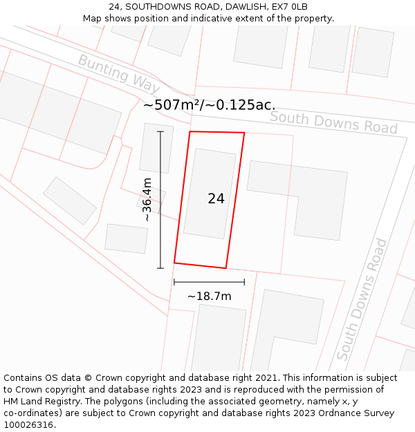 24, SOUTHDOWNS ROAD, DAWLISH, EX7 0LB: Plot and title map