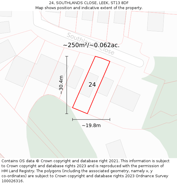 24, SOUTHLANDS CLOSE, LEEK, ST13 8DF: Plot and title map