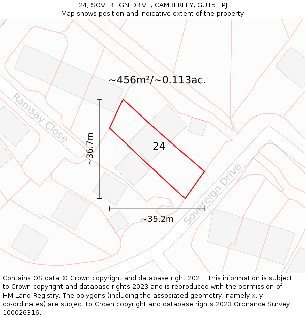 24, SOVEREIGN DRIVE, CAMBERLEY, GU15 1PJ: Plot and title map