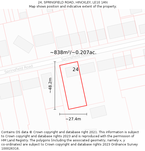 24, SPRINGFIELD ROAD, HINCKLEY, LE10 1AN: Plot and title map