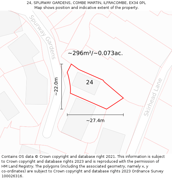 24, SPURWAY GARDENS, COMBE MARTIN, ILFRACOMBE, EX34 0PL: Plot and title map