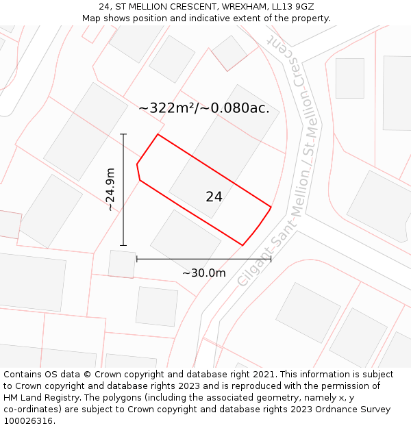 24, ST MELLION CRESCENT, WREXHAM, LL13 9GZ: Plot and title map