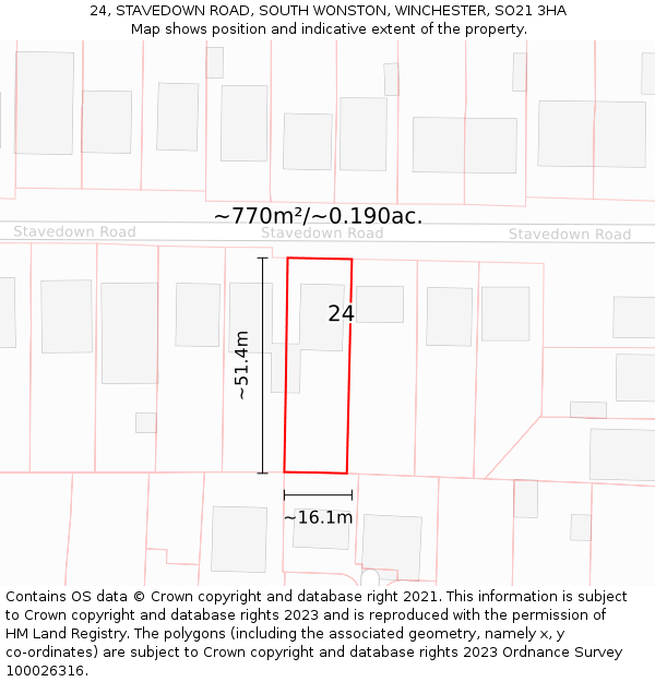 24, STAVEDOWN ROAD, SOUTH WONSTON, WINCHESTER, SO21 3HA: Plot and title map